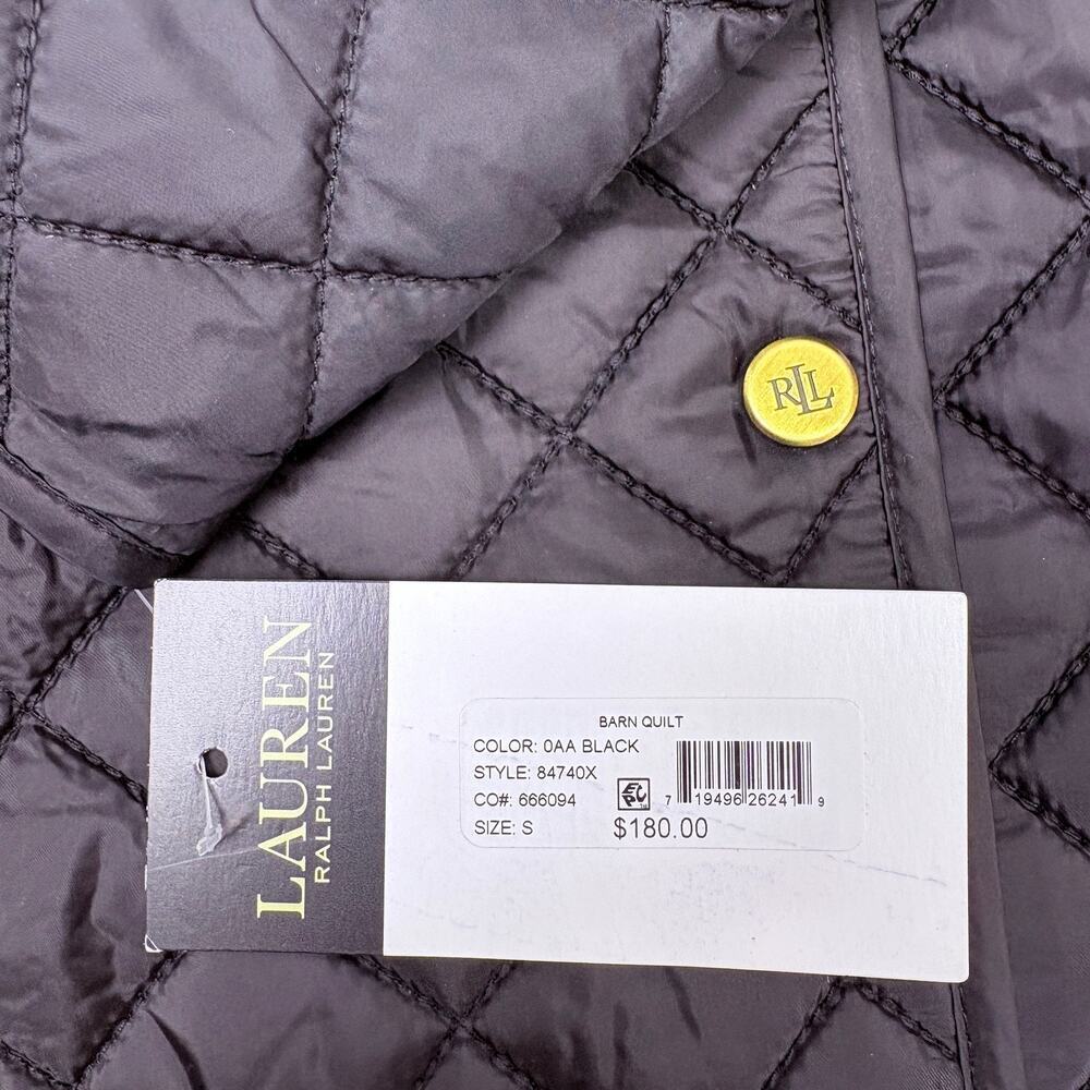 NWT Lauren Ralph Lauren Black Quilted Barn Jacket Gold Snap Equestrian Coat - Picture 7 of 12